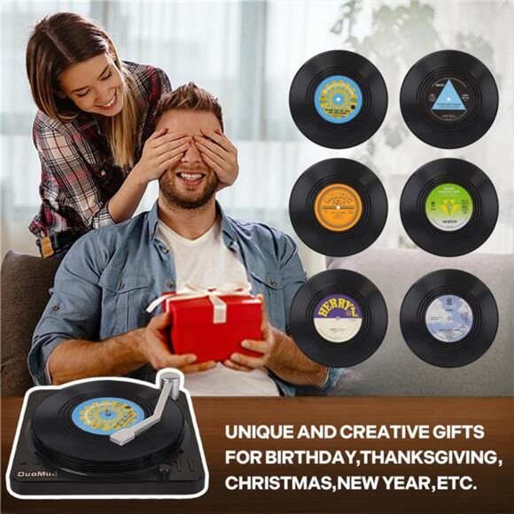 Funny Retro Record Coasters for Drinks with Vinyl Player Holder for Music - Picture 5 of 8